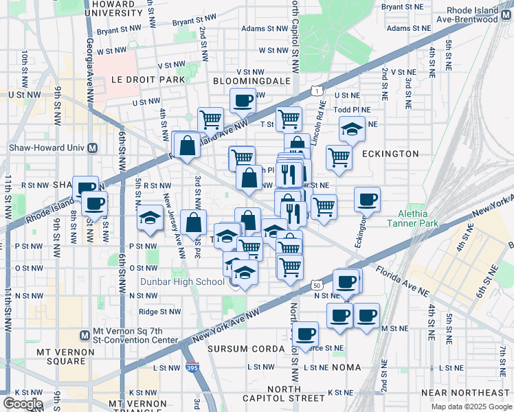 map of restaurants, bars, coffee shops, grocery stores, and more near 50 Florida Avenue Northwest in Washington