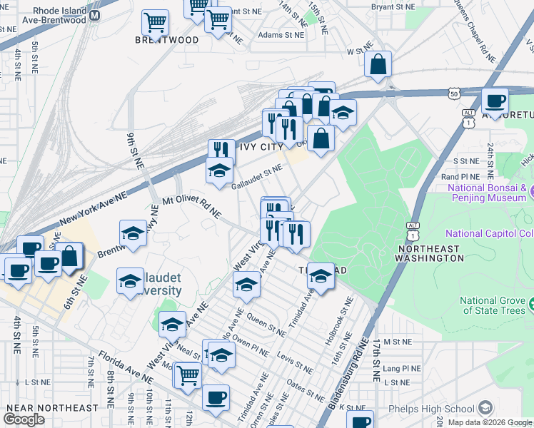 map of restaurants, bars, coffee shops, grocery stores, and more near 101 Independence Avenue Southeast in Washington