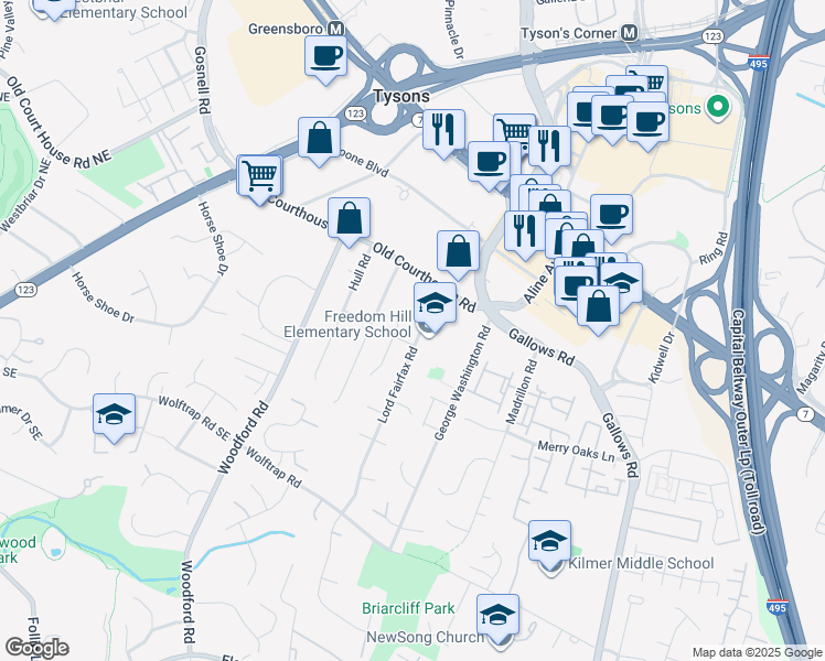 map of restaurants, bars, coffee shops, grocery stores, and more near 1944 Lord Fairfax Road in Vienna