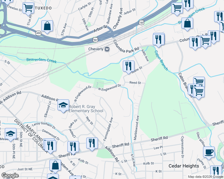 map of restaurants, bars, coffee shops, grocery stores, and more near 5303 North Englewood Drive in Prince George's County