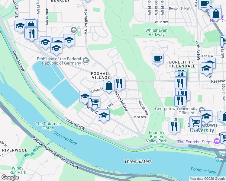 map of restaurants, bars, coffee shops, grocery stores, and more near 1646 Foxhall Road Northwest in Washington