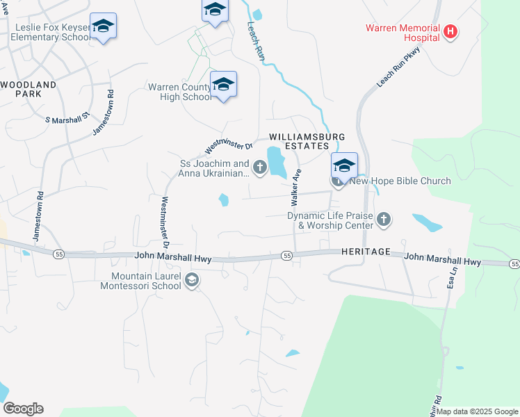 map of restaurants, bars, coffee shops, grocery stores, and more near 1401 Linden Street in Front Royal