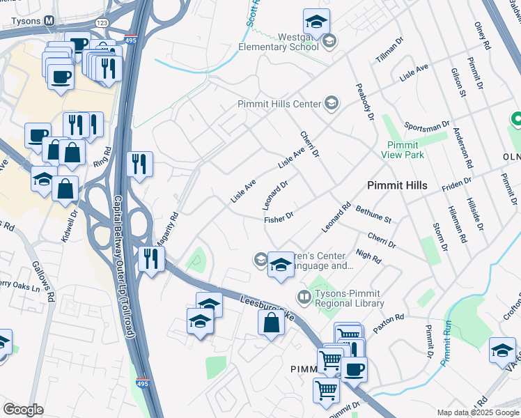 map of restaurants, bars, coffee shops, grocery stores, and more near 7624 Leonard Drive in Falls Church