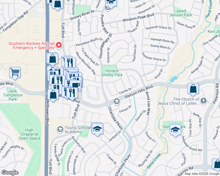 map of restaurants, bars, coffee shops, grocery stores, and more near 6380 Cache Drive in Colorado Springs