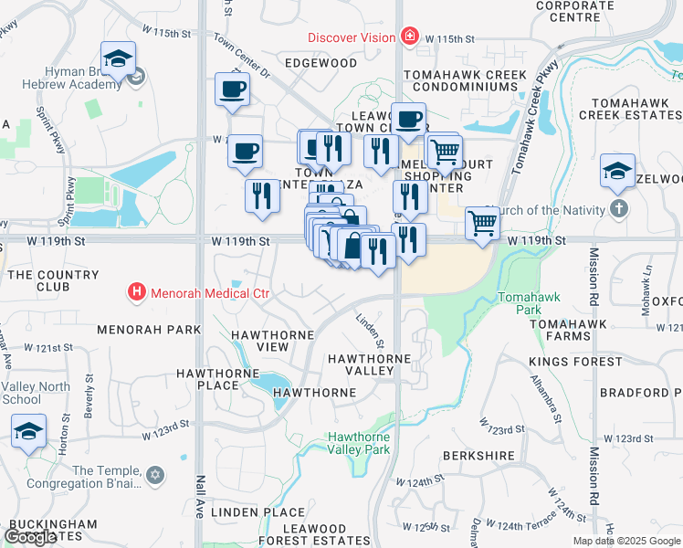 map of restaurants, bars, coffee shops, grocery stores, and more near 5029 West 119th Terrace in Overland Park