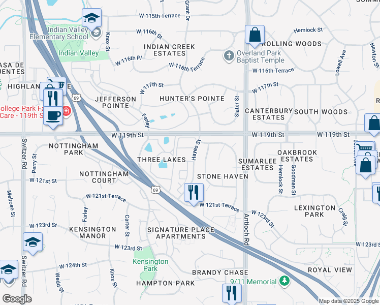 map of restaurants, bars, coffee shops, grocery stores, and more near 12011 Hayes Street in Overland Park
