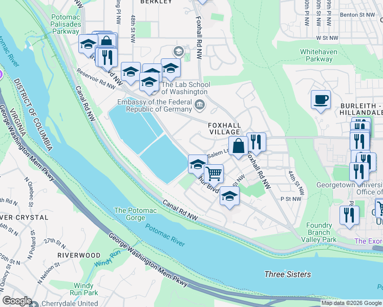 map of restaurants, bars, coffee shops, grocery stores, and more near 4611 1/2 MacArthur Boulevard Northwest in Washington