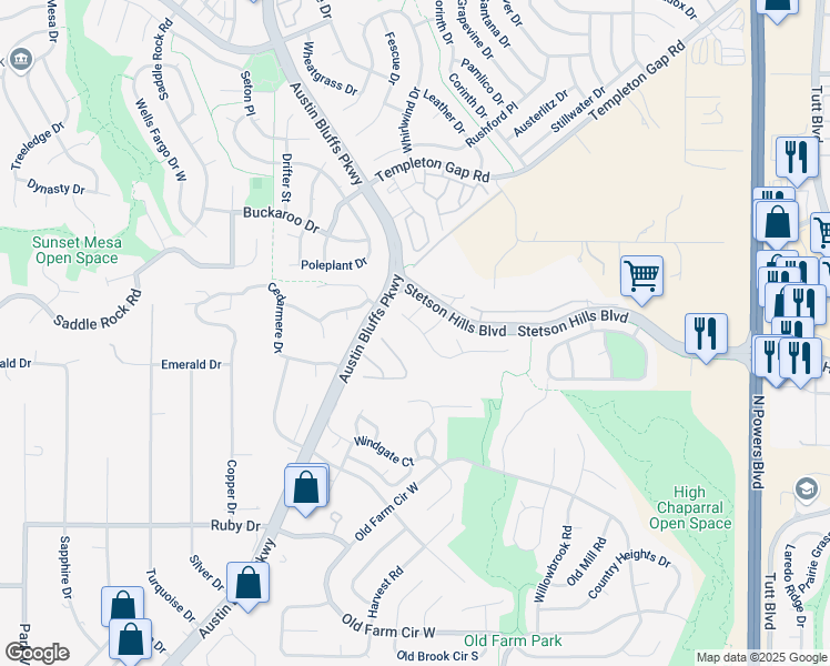 map of restaurants, bars, coffee shops, grocery stores, and more near 5125 Sunset Ridge Drive in Colorado Springs