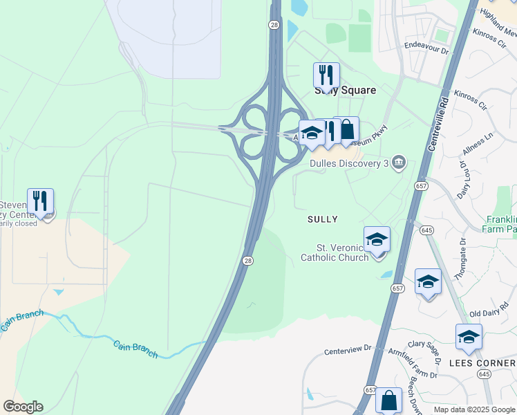 map of restaurants, bars, coffee shops, grocery stores, and more near Sully Road in Chantilly