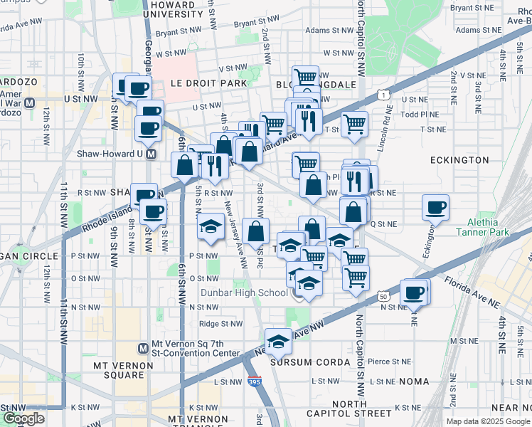 map of restaurants, bars, coffee shops, grocery stores, and more near 1615 3rd Street Northwest in Washington