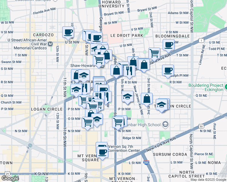 map of restaurants, bars, coffee shops, grocery stores, and more near 101 Independence Avenue Southeast in Washington