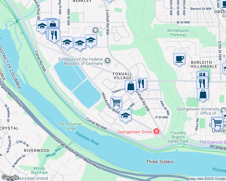 map of restaurants, bars, coffee shops, grocery stores, and more near 4620 Charleston Terrace Northwest in Washington