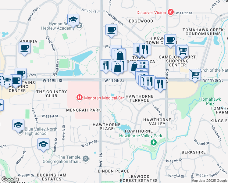 map of restaurants, bars, coffee shops, grocery stores, and more near 5315 West 120th Terrace in Overland Park