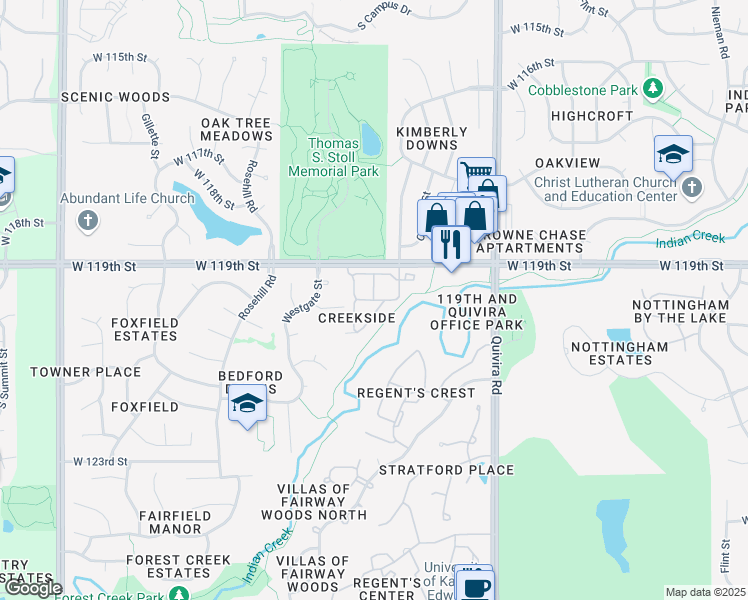 map of restaurants, bars, coffee shops, grocery stores, and more near 11920 Oakmont Street in Overland Park