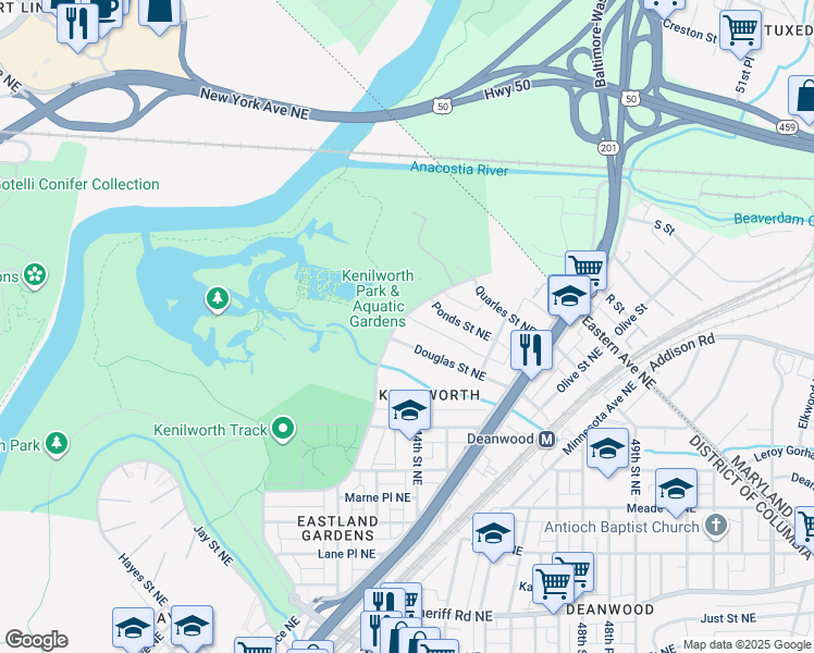 map of restaurants, bars, coffee shops, grocery stores, and more near 1519 Anacostia Avenue Northeast in Washington