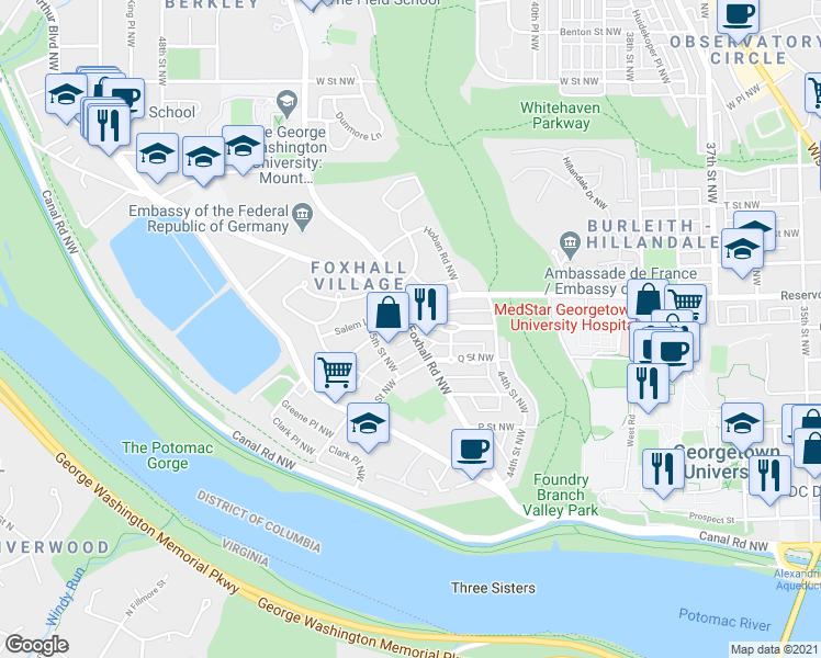 map of restaurants, bars, coffee shops, grocery stores, and more near Foxhall Road Northwest & Greenwich Parkway Northwest in Washington