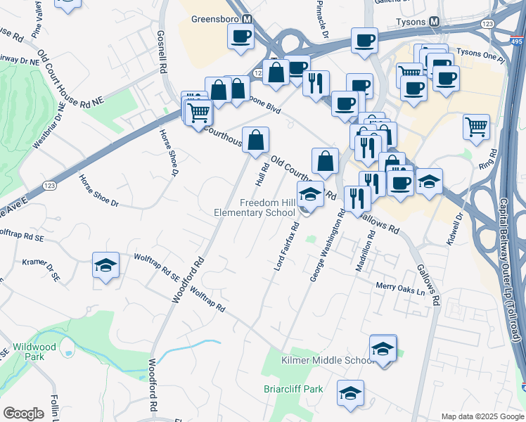 map of restaurants, bars, coffee shops, grocery stores, and more near 8301 Lee Lane in Vienna