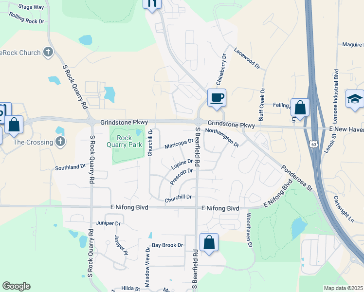 map of restaurants, bars, coffee shops, grocery stores, and more near 2300 Maricopa Drive in Columbia