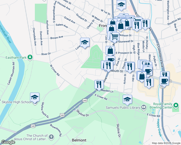 map of restaurants, bars, coffee shops, grocery stores, and more near 165 Elsia Drive in Front Royal