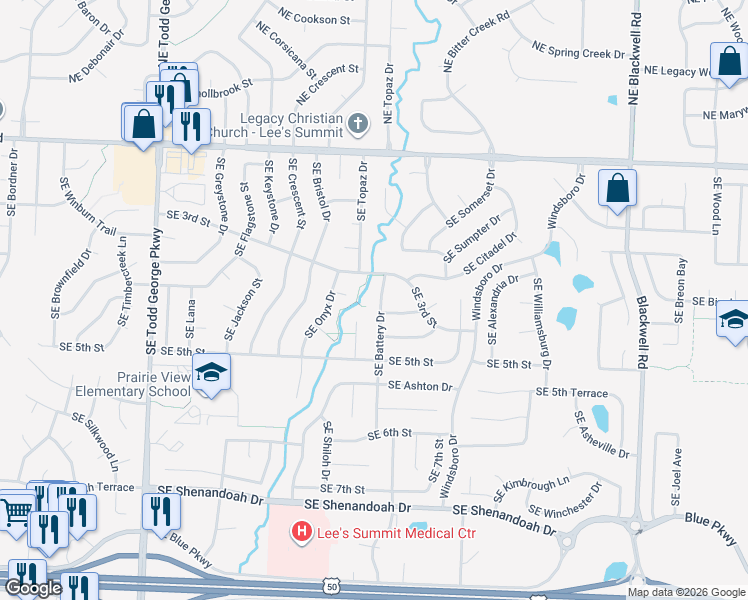 map of restaurants, bars, coffee shops, grocery stores, and more near 401 Southeast Topaz Drive in Lee's Summit