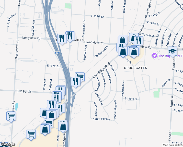 map of restaurants, bars, coffee shops, grocery stores, and more near 11710 Blue Ridge Boulevard in Kansas City