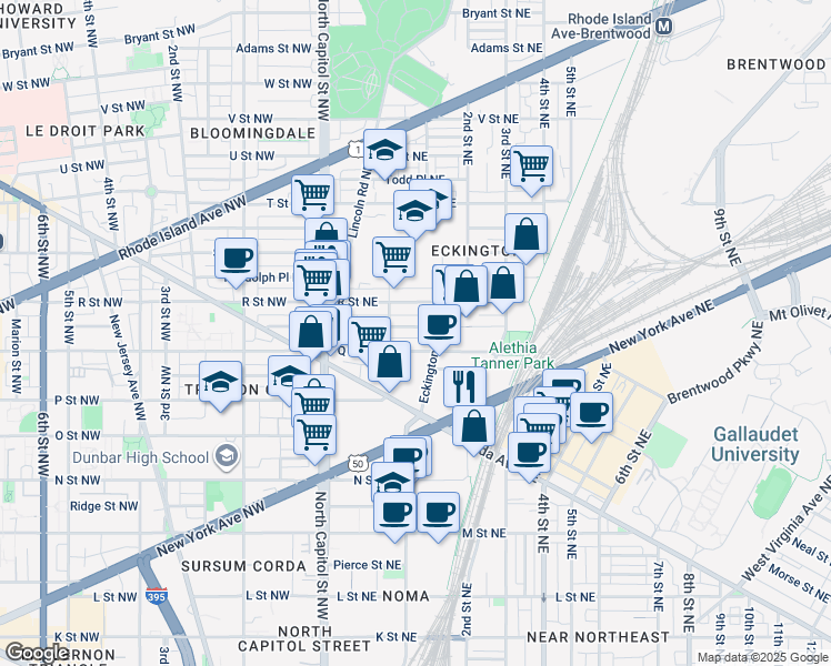 map of restaurants, bars, coffee shops, grocery stores, and more near 125 Quincy Place Northeast in Washington
