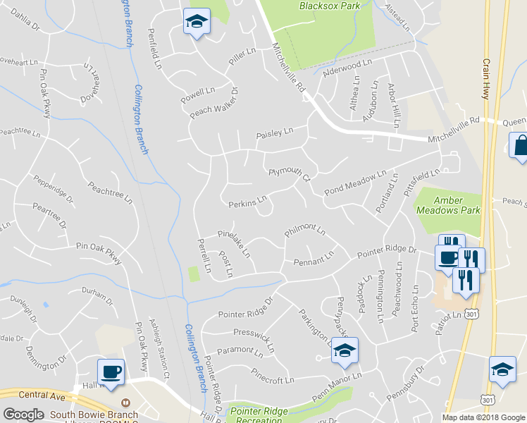 map of restaurants, bars, coffee shops, grocery stores, and more near 15808 Palai Turn in Bowie