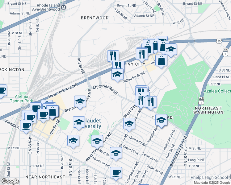 map of restaurants, bars, coffee shops, grocery stores, and more near 1006 Mount Olivet Road Northeast in Washington