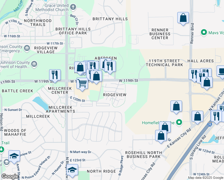 map of restaurants, bars, coffee shops, grocery stores, and more near 1780 North Lennox Street in Olathe