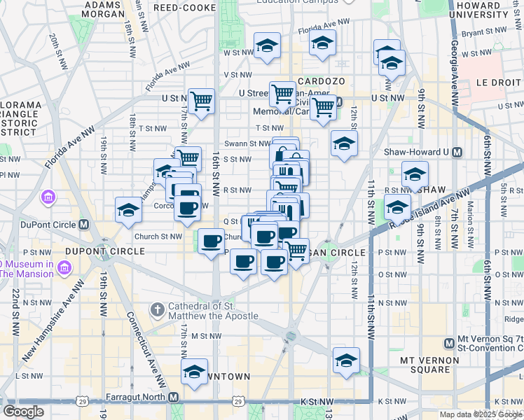map of restaurants, bars, coffee shops, grocery stores, and more near 1442 Corcoran Street Northwest in Washington