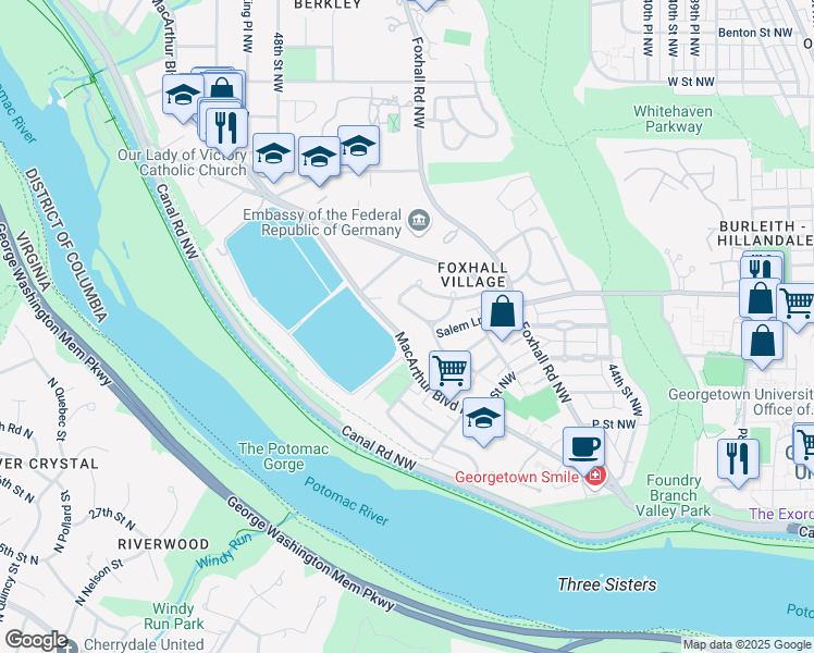 map of restaurants, bars, coffee shops, grocery stores, and more near 4609 MacArthur Boulevard Northwest in Washington