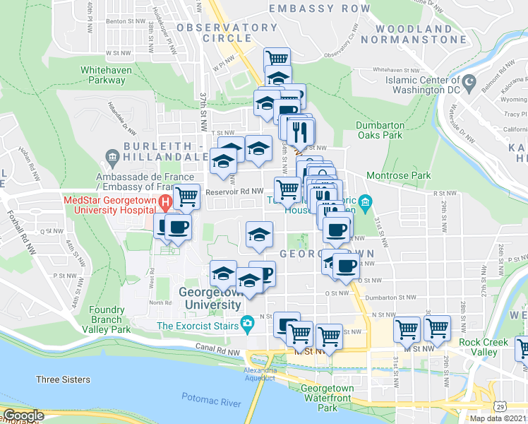 map of restaurants, bars, coffee shops, grocery stores, and more near 35th Street Northwest & Dent Place Northwest in Washington