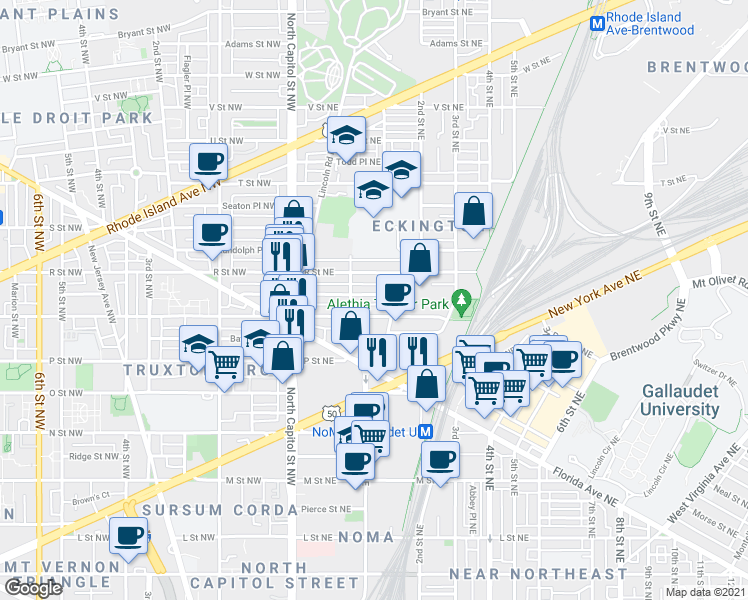 map of restaurants, bars, coffee shops, grocery stores, and more near 125 Quincy Place Northeast in Washington