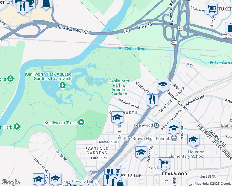 map of restaurants, bars, coffee shops, grocery stores, and more near 1519 Anacostia Avenue Northeast in Washington