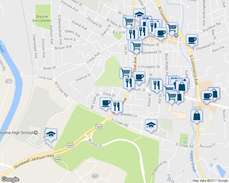 map of restaurants, bars, coffee shops, grocery stores, and more near 524 Lillard Drive in Front Royal