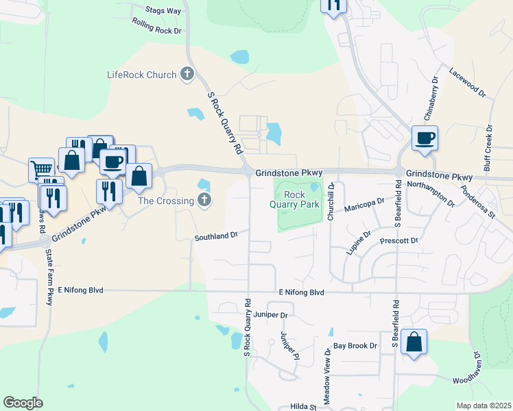 map of restaurants, bars, coffee shops, grocery stores, and more near 3452 Rock Quarry Road in Columbia