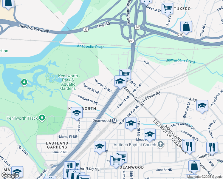 map of restaurants, bars, coffee shops, grocery stores, and more near 4536 Quarles Street Northeast in Washington