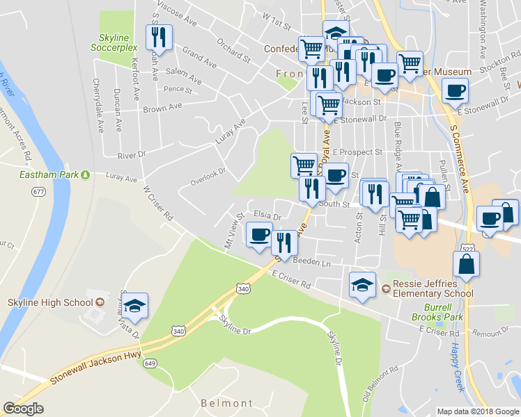 map of restaurants, bars, coffee shops, grocery stores, and more near 165 Elsia Drive in Front Royal