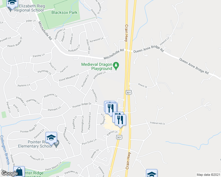 map of restaurants, bars, coffee shops, grocery stores, and more near 1600 Crain Highway in Bowie