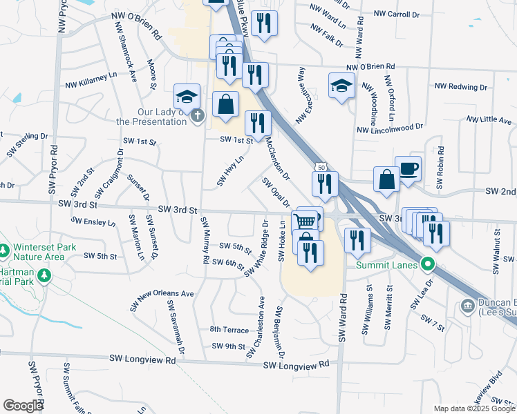 map of restaurants, bars, coffee shops, grocery stores, and more near 1400 Southwest 3rd Street in Lee's Summit
