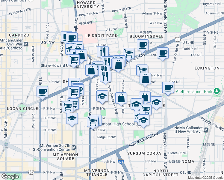 map of restaurants, bars, coffee shops, grocery stores, and more near 1617 New Jersey Avenue Northwest in Washington
