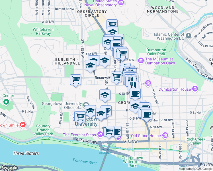 map of restaurants, bars, coffee shops, grocery stores, and more near 1554 35th Street Northwest in Washington