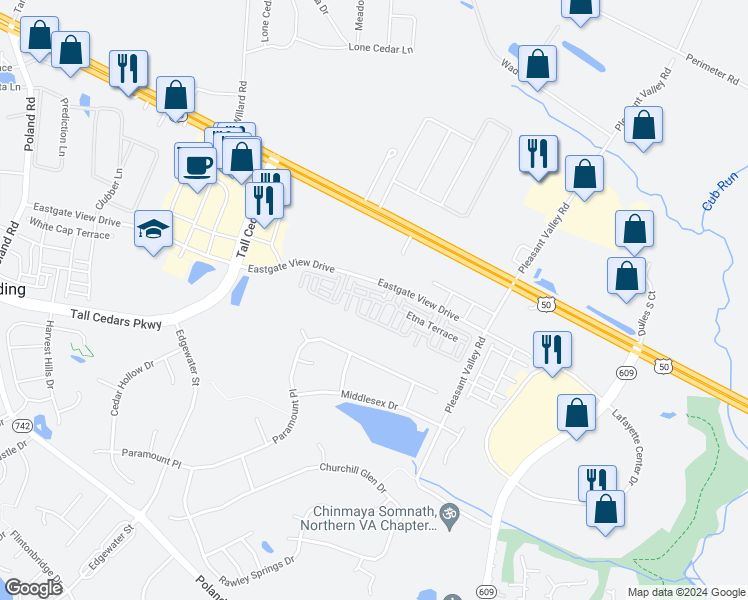 map of restaurants, bars, coffee shops, grocery stores, and more near Cabras Square in Chantilly