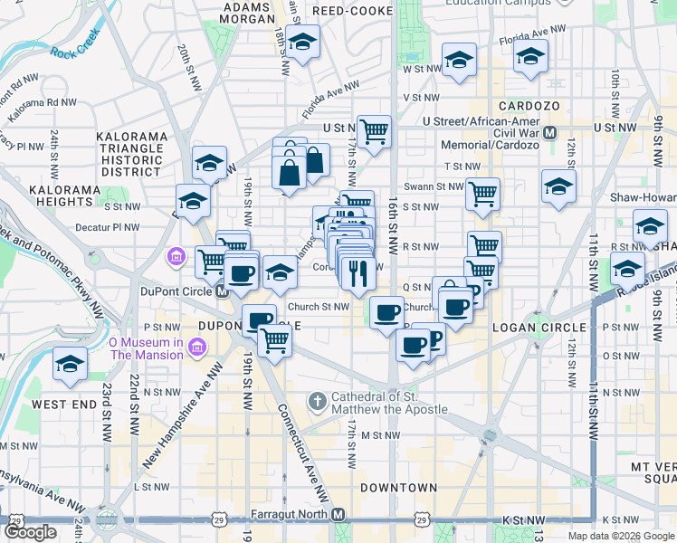 map of restaurants, bars, coffee shops, grocery stores, and more near 1712 Corcoran Street Northwest in Washington