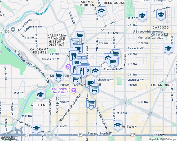 map of restaurants, bars, coffee shops, grocery stores, and more near 1617 19th Street Northwest in Washington