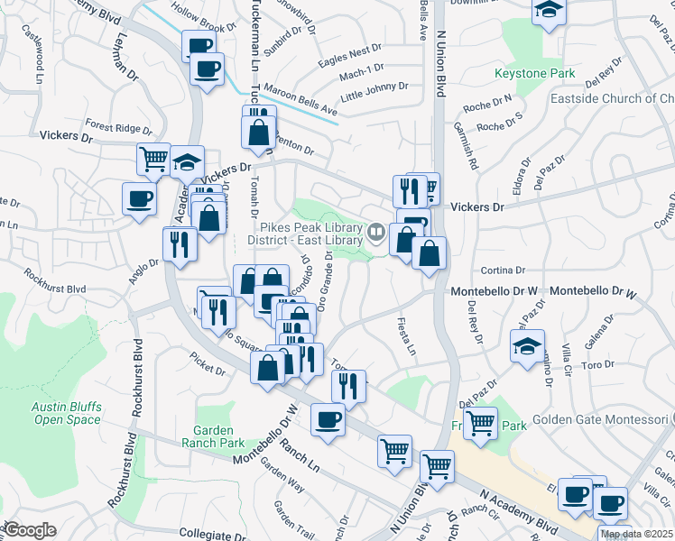 map of restaurants, bars, coffee shops, grocery stores, and more near 5536 Descanso Circle West in Colorado Springs