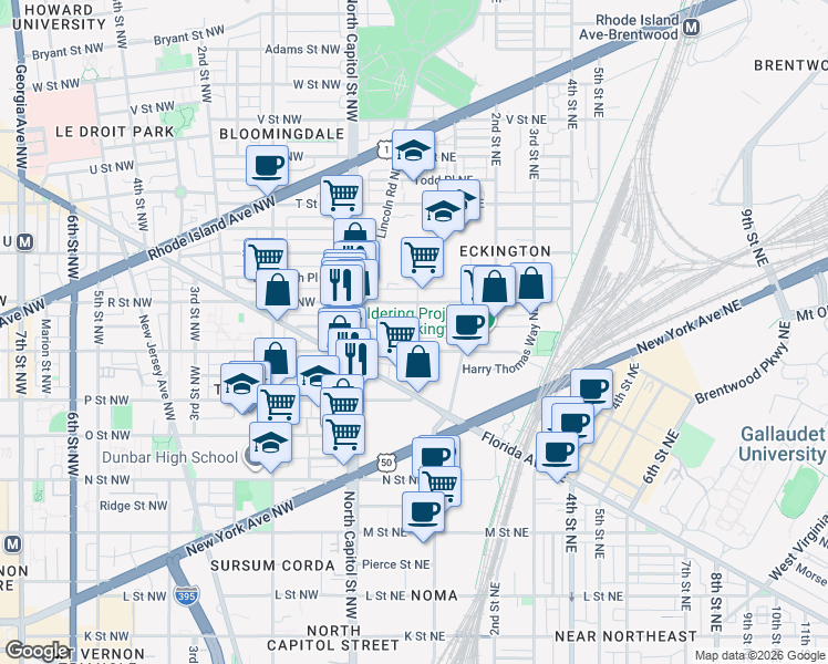 map of restaurants, bars, coffee shops, grocery stores, and more near 101 Independence Avenue Southeast in Washington