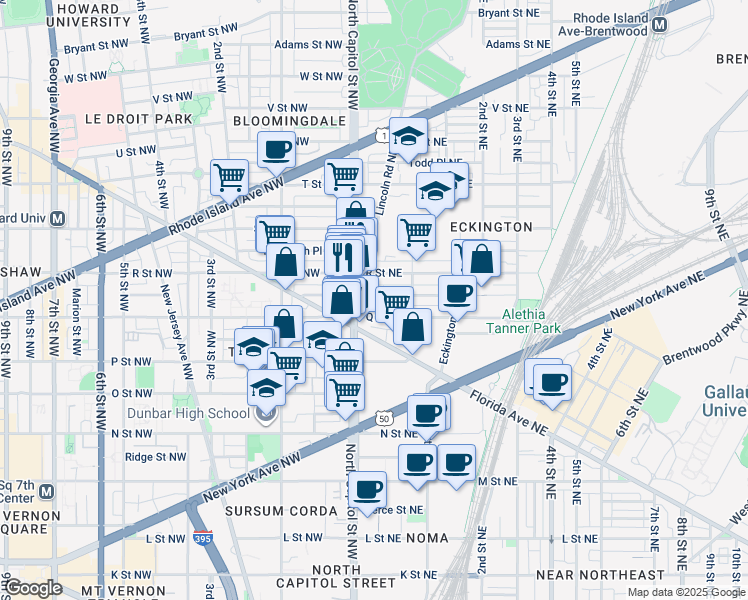 map of restaurants, bars, coffee shops, grocery stores, and more near 101 Independence Avenue Southeast in Washington