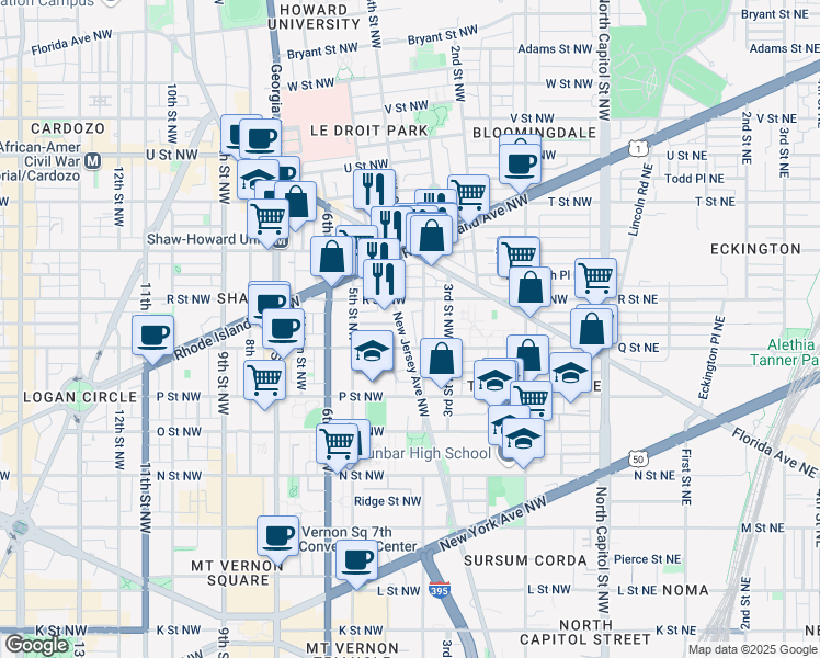 map of restaurants, bars, coffee shops, grocery stores, and more near 1617 New Jersey Avenue Northwest in Washington