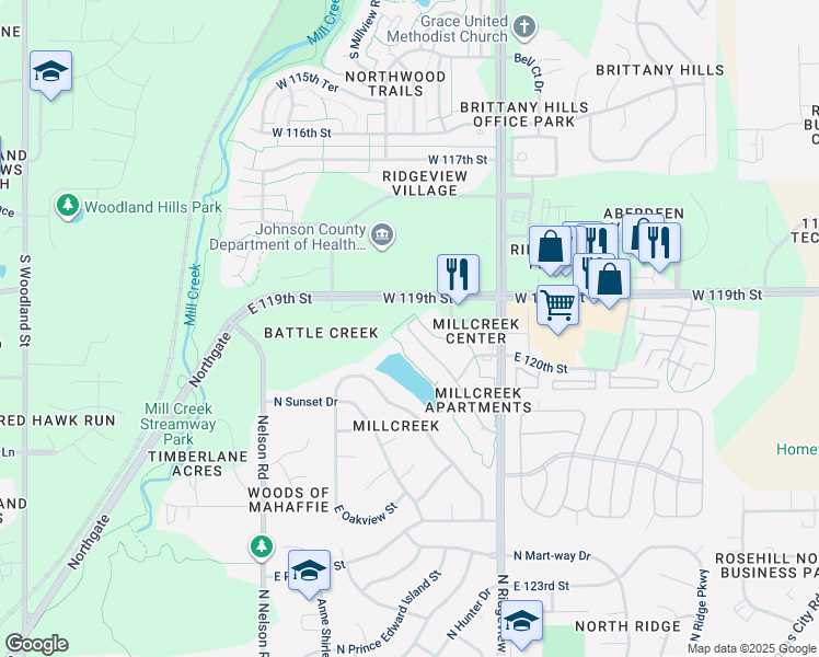 map of restaurants, bars, coffee shops, grocery stores, and more near 1725 North Ridgeview Road in Olathe